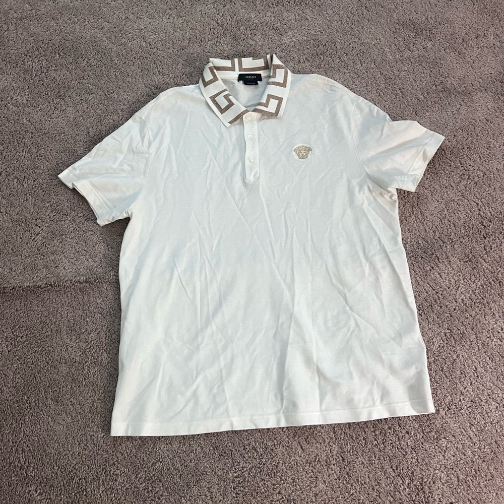 Versace White Polo Shirt with Brown Patterned Collar